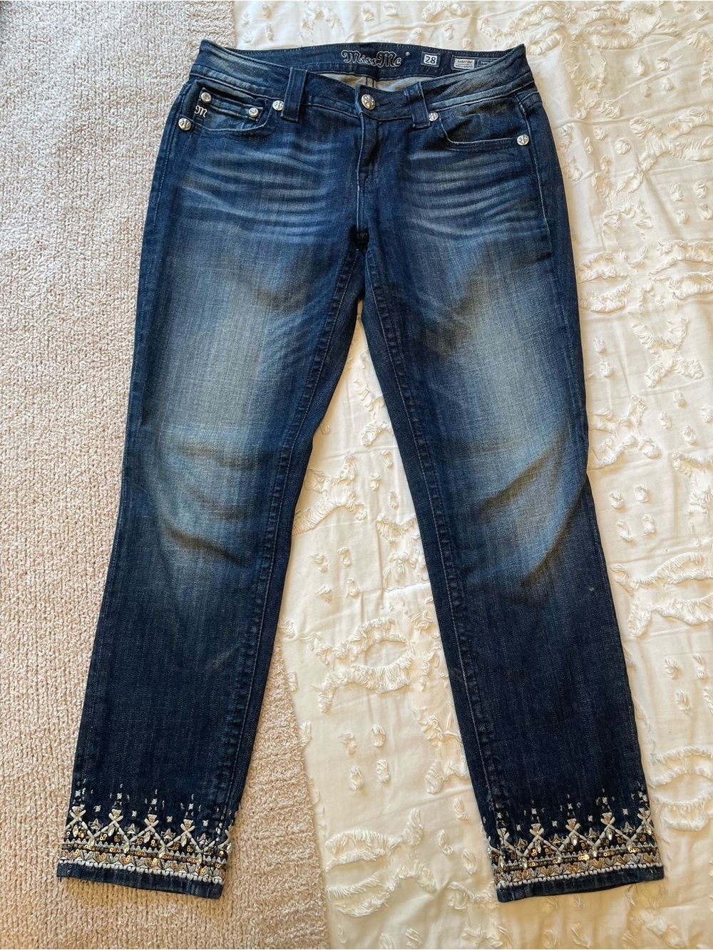 Miss Me Dark Blue Skinny Jeans with Embroidered Hem